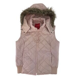 Clock House 80's Womens Pink Quilted Puffer Vest Faux Fur Hood Size 8